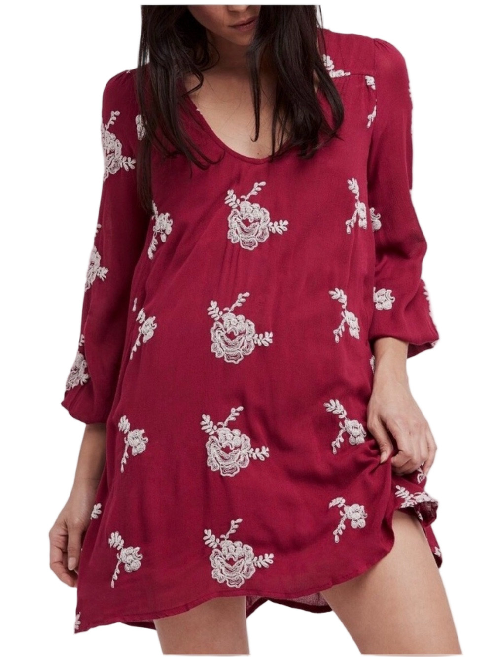 🍎Free People Embroidered Peasant/Wine Red Floral Tunic Dress size M GUC